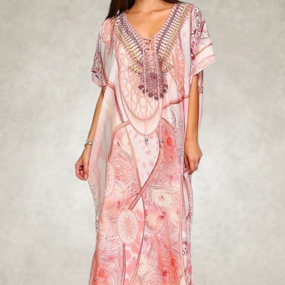 TRENDOLOGY BEACH SWIM COVER DRESS embellished KAFTAN KIMONO resort Cancun PINK